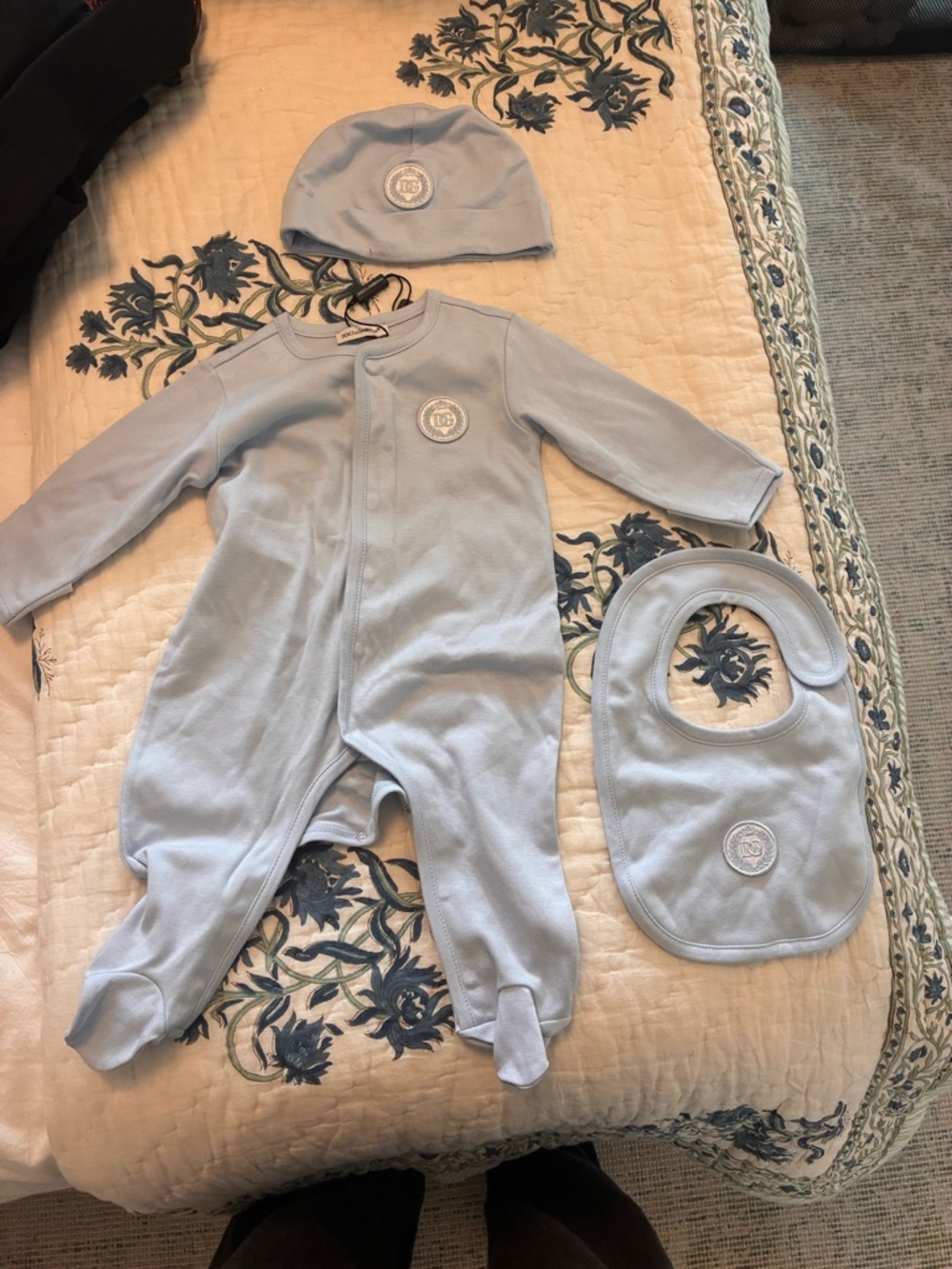 Dolce & Gabbana Baby Light Blue Footed One-Piece with Hat & Bib